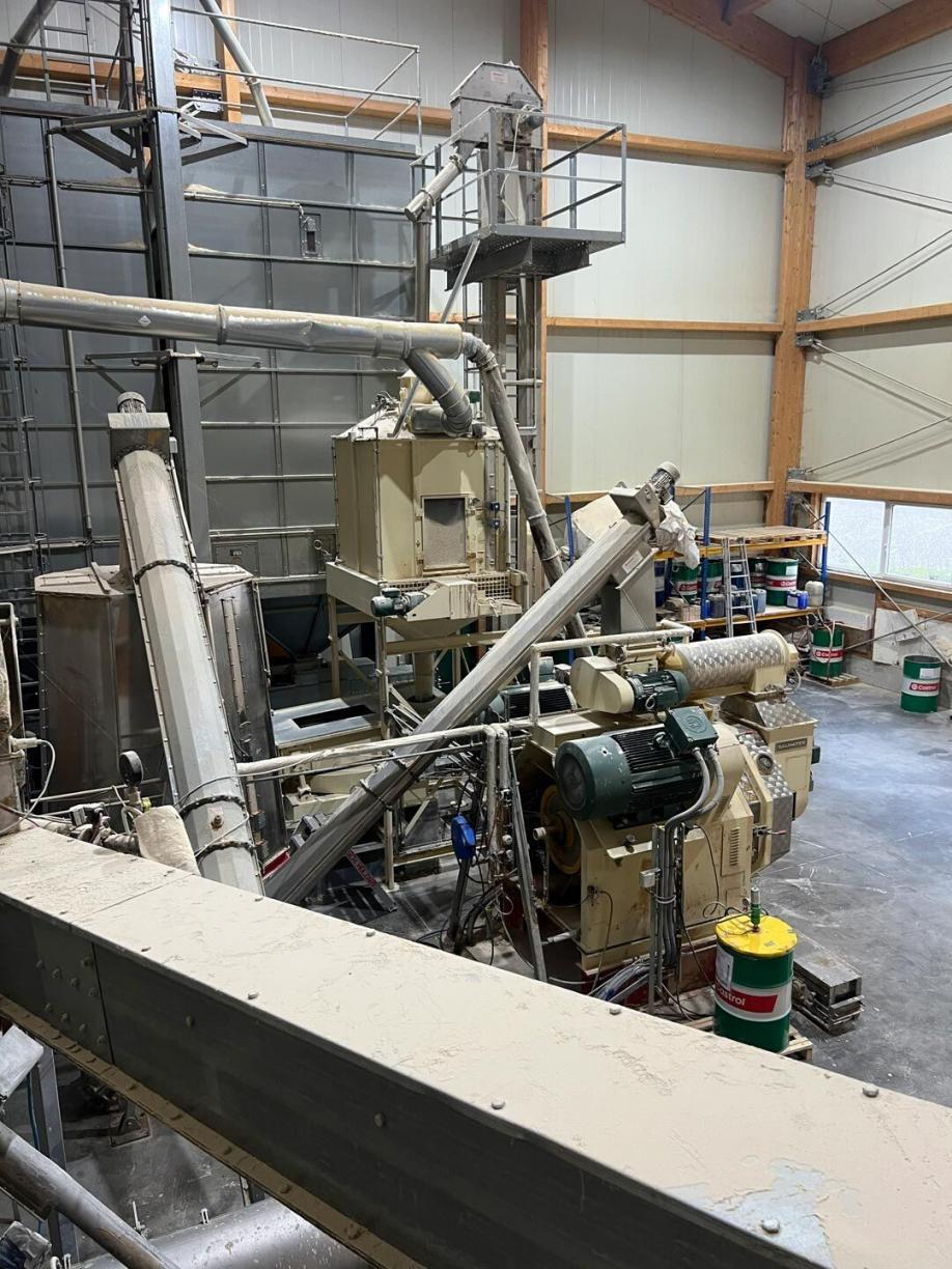 Comprehensive view of pellet production line showing conveyors, pellet press and silos.